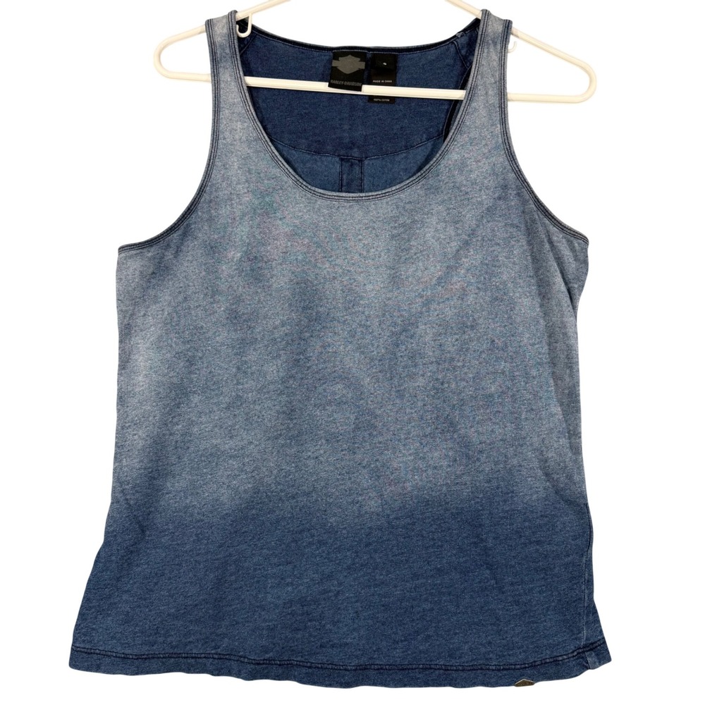 Harley-Davidson Tank Top Womens Small Blue Ombre Acid Wash Racerback Cotton Logo